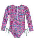 girls long sleeve swimsuit with side ties in Liberty print back view