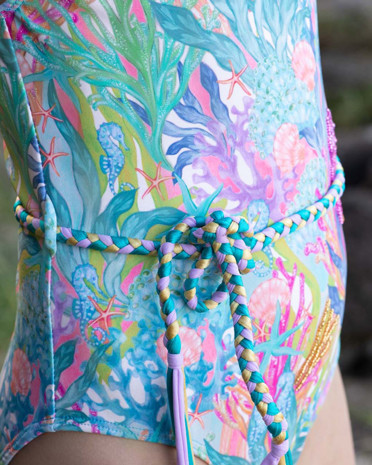 Hand Beaded One Piece Swimsuit with Belt