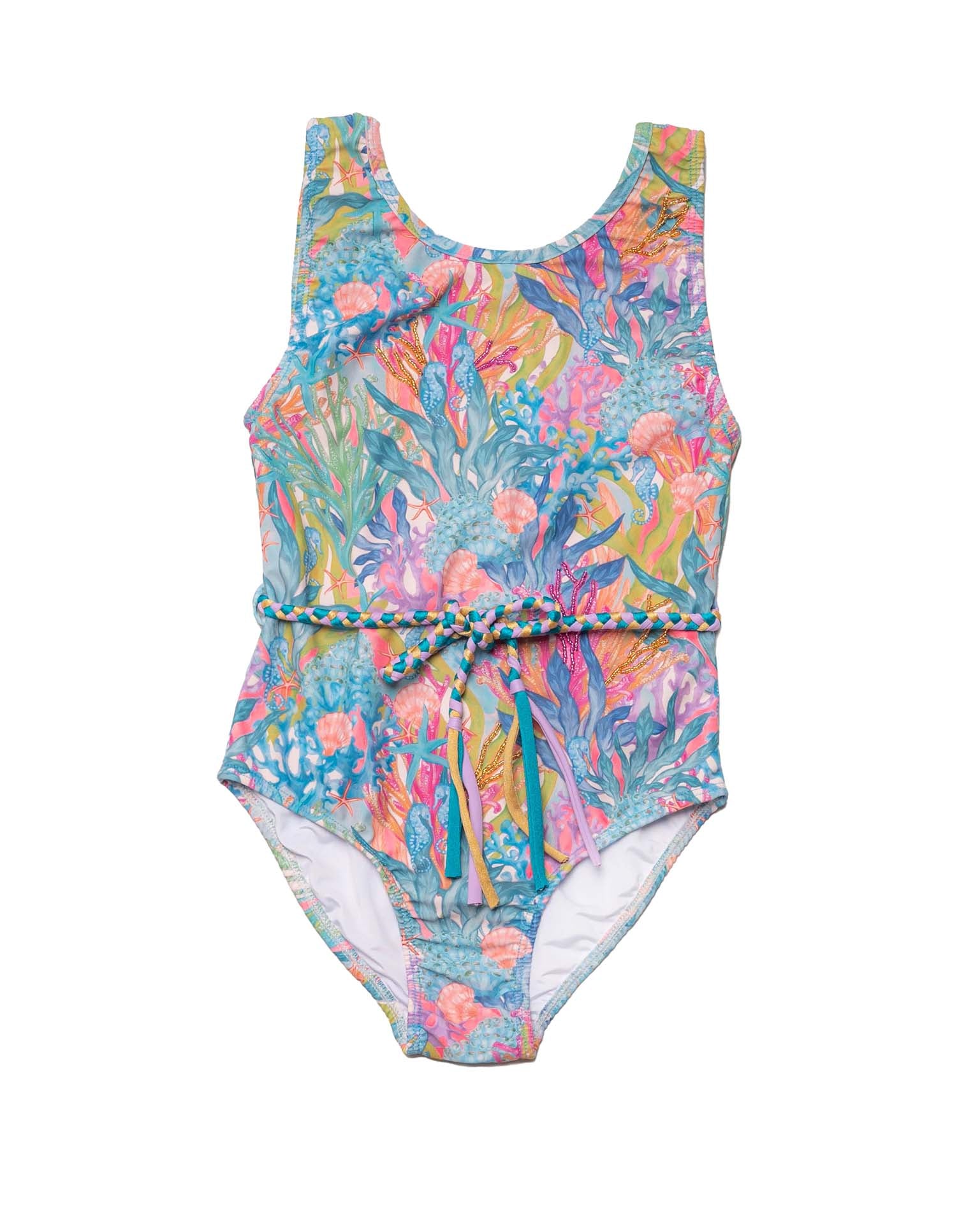 Hand Beaded One Piece Swimsuit with Belt