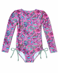 girls long sleeve swimsuit with side ties in Liberty print front view