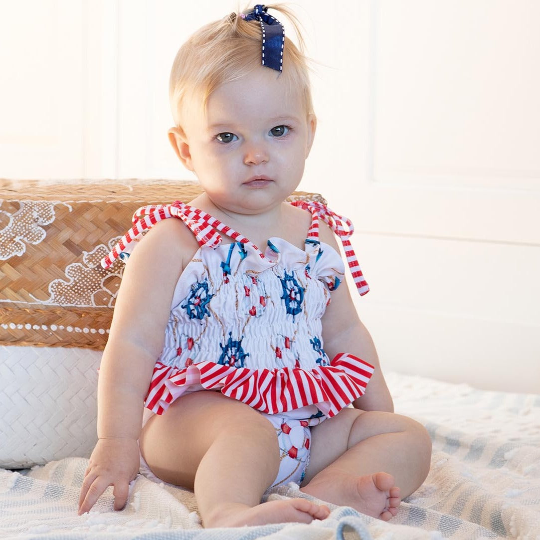 Baby Girls Nautical One Piece Swimsuit with Frills - Lifestyle 1