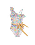Girls Horses One Piece Swimsuit with Ruffle - Front