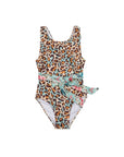 Girls Leopard One Piece Swimsuit with Tie - Front