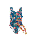 Girls Navy Floral One Piece Swimsuit with Tie - Front