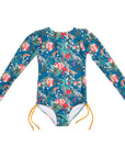 Girls Navy Floral Long Sleeve Swimsuit with Side Ties - Front