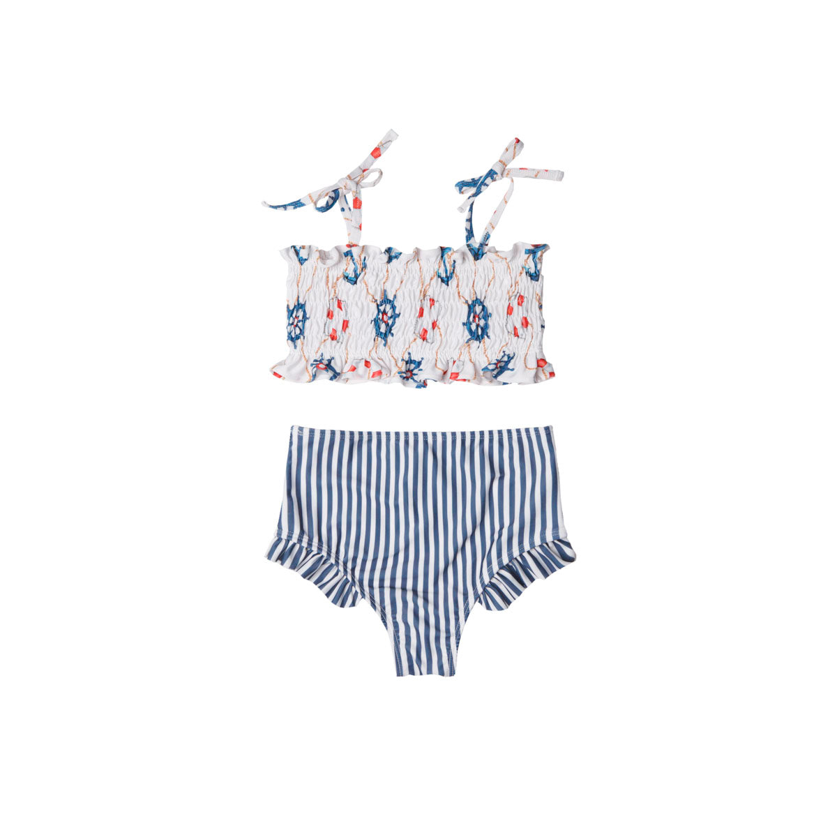 Girls Nautical Ruched Bikini with High Waist - Front