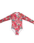 Girls Red Floral Long Sleeve Swimsuit with Zip - Front