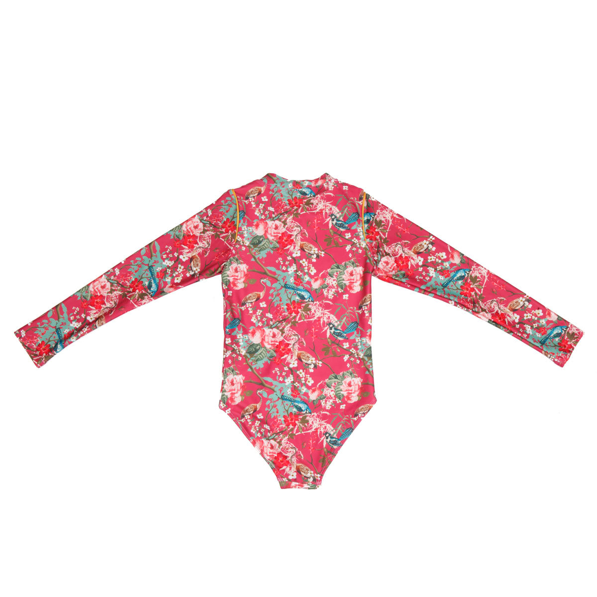 Girls Red Floral Long Sleeve Swimsuit with Zip - Back