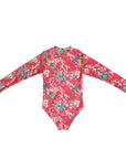 Girls Red Floral Long Sleeve Swimsuit with Zip - Back