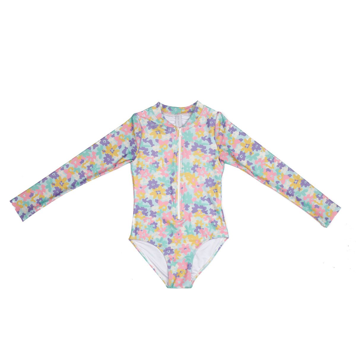 Girls Floral Long Sleeve Swimsuit with Zip - Front