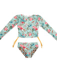 Girls Blue Floral 2 Piece Swimsuit with Side Ties - Front 1
