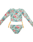 Girls Blue Floral 2 Piece Swimsuit with Side Ties - Back 1