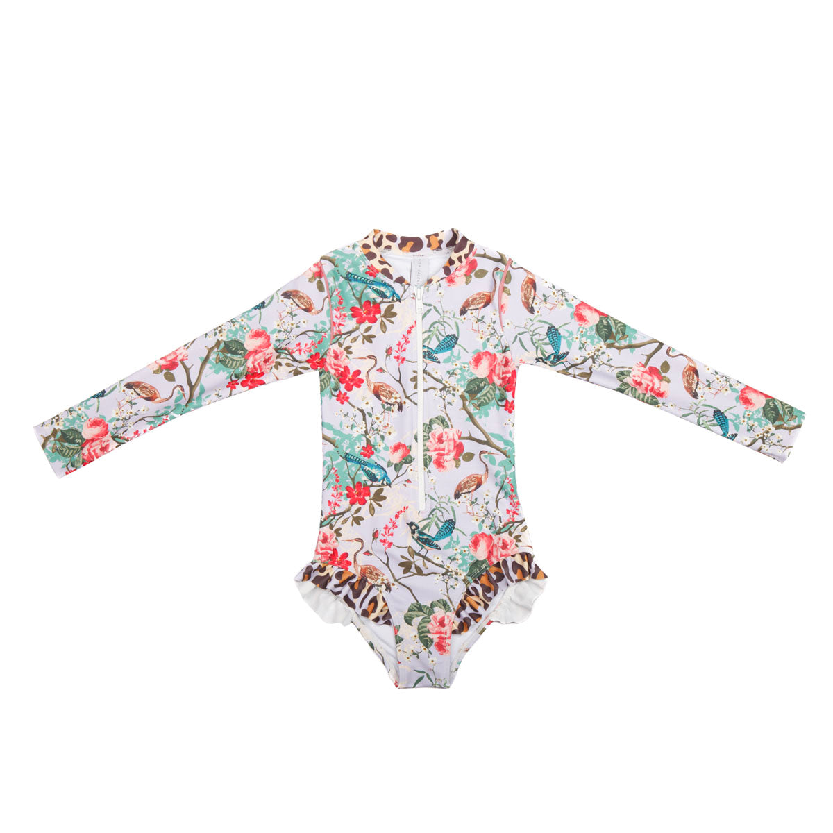 Girls Purple Floral Long Sleeve Swimsuit with Zip - Front