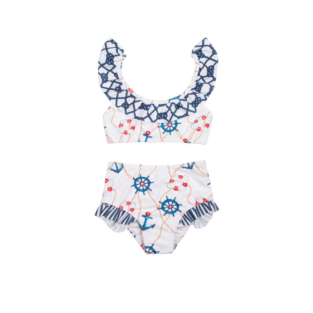 Girls Frilly Nautical Bikini with High Waist - Front