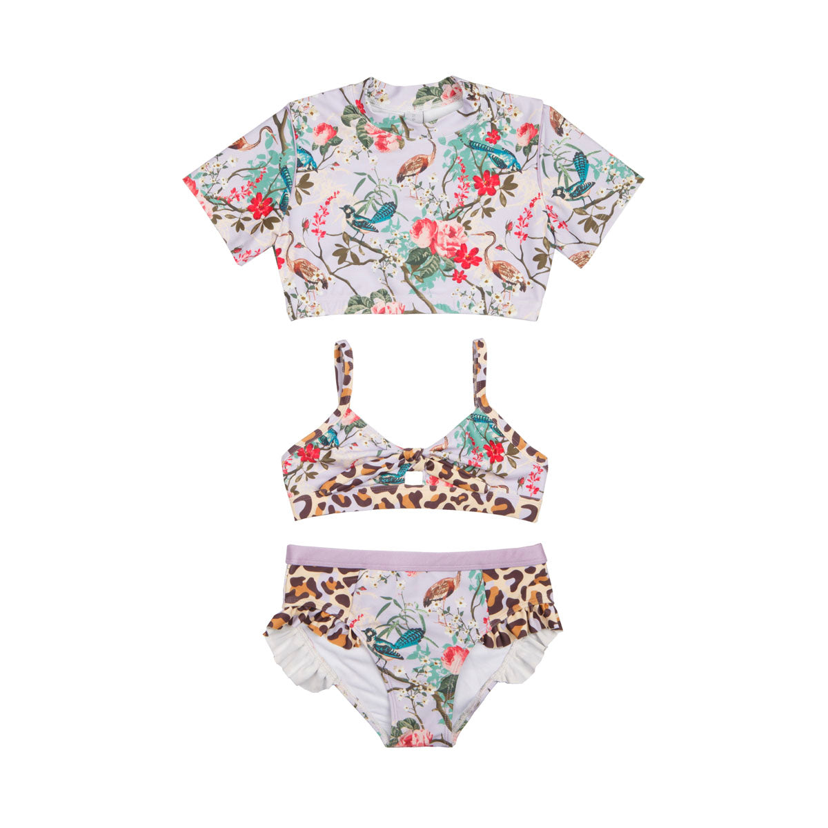 Girls Purple Floral 3 Piece Swim Set with Rashie - Front