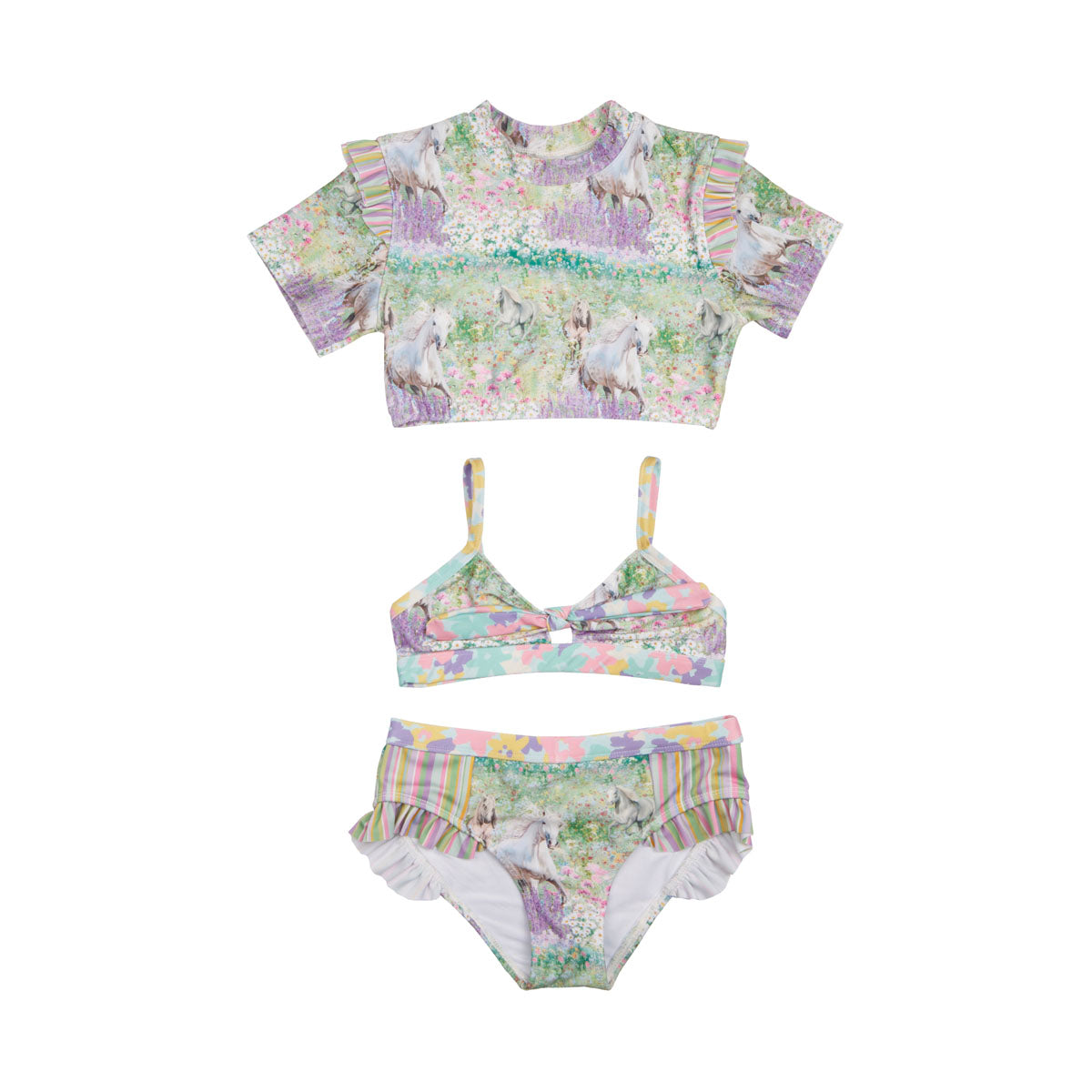 Girls Horses 3 Piece Swim Set with Rashie - Front