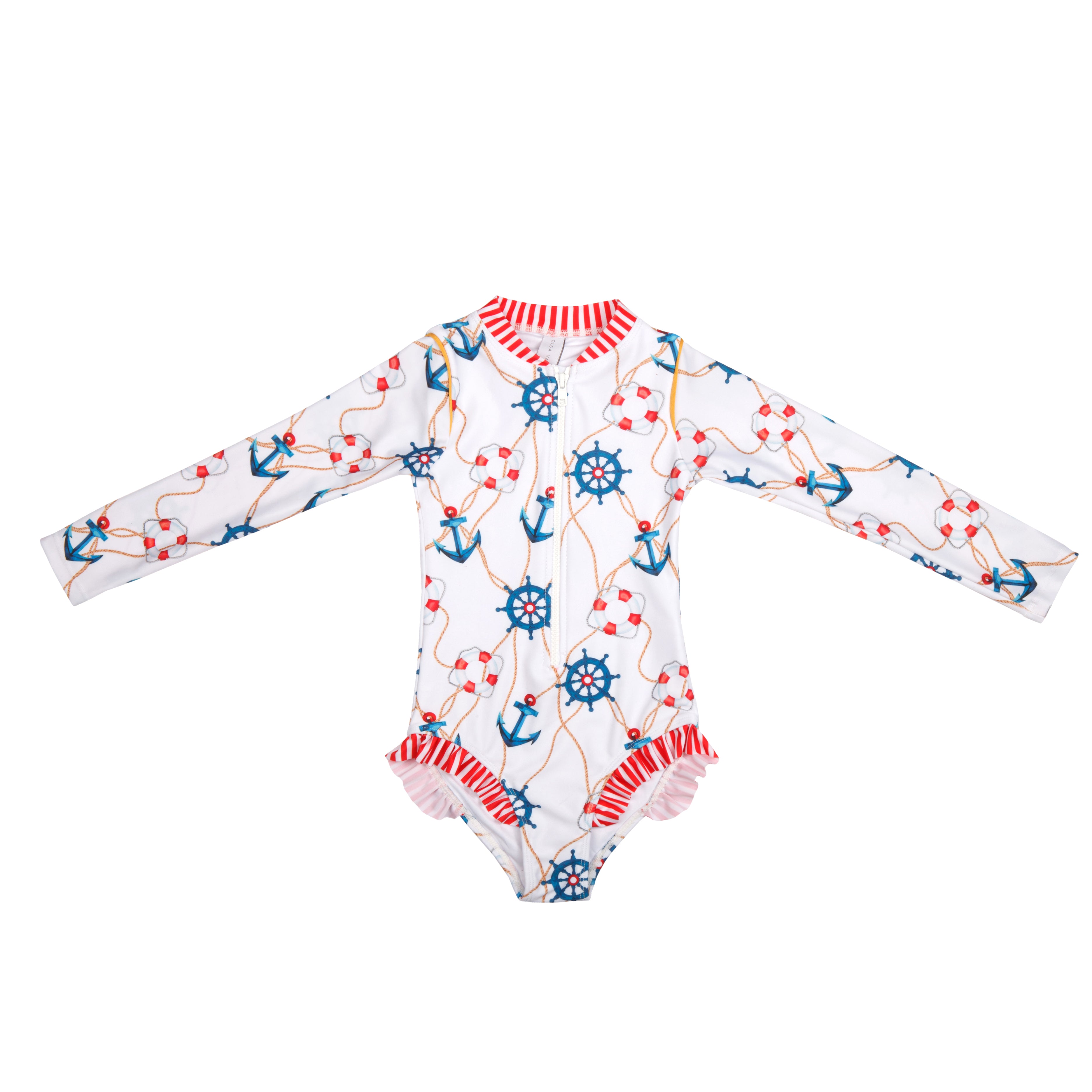 Girls Nautical Long Sleeve Swimsuit with Zip - Front