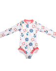 Girls Nautical Long Sleeve Swimsuit with Zip - Front