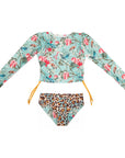 Girls Blue Floral 2 Piece Swimsuit with Side Ties - Front 2