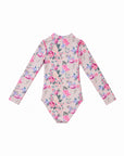 Girls Long Sleeve Zip One Piece – Camellia – back view flat lay | Olga Valentine luxury girls swimwear
