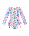 Girls Long Sleeve One Piece Swimsuit – Taormina Bloom – front view flat lay | Olga Valentine luxury girls swimwear