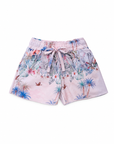 Girls’ Wild Palms board shorts with a fabric waist tie, front view.
