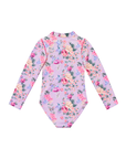 Girls Long Sleeve Zip One Piece in Violetta purple floral print, back view flat lay | Olga Valentine luxury girls swimwear