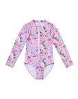Girls Long Sleeve Zip One Piece in Violetta purple floral print, front view flat lay | Olga Valentine luxury girls swimwear