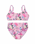 Girls’ reversible Lilienne floral bikini, front view with scoop top and high-waisted bottoms.