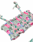 Close-up of Girls Shirred Bikini in Celestine floral print showing shirring and ruffle detail