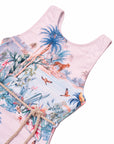 Close-up of the scoop neckline, Wild Palms tropical print and braided belt on the Girls T-Back One Piece Swimsuit