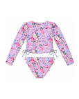 Girls Long Sleeve 2 Piece Swim Set – Violetta – back view flat lay | Olga Valentine luxury girls swimwear