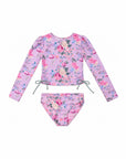 Girls Long Sleeve 2 Piece Swim Set – Violetta – front view flat lay | Olga Valentine luxury girls swimwear