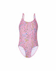 Girls One Piece Swimsuit – Tie Back – Primrose (Limited Edition) – front view flat lay | Olga Valentine luxury girls swimwear