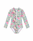 Girls Long Sleeve Zip One Piece – Celestine – front view flat lay | Olga Valentine luxury girls swimwear