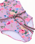 Violetta floral girls’ belted one-piece swimsuit – braided belt and lining close-up