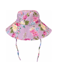 Girls Bucket Hat with Ties in Violetta purple floral print, front view | Olga Valentine luxury girls swimwear