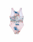 Girls T-Back One Piece with Belt – Wild Palms – back view flat lay | Olga Valentine luxury girls swimwear