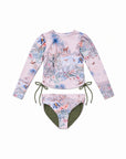 Girls Long Sleeve 2 Piece Swim Set – Wild Palms – front view flat lay | Olga Valentine luxury girls swimwear