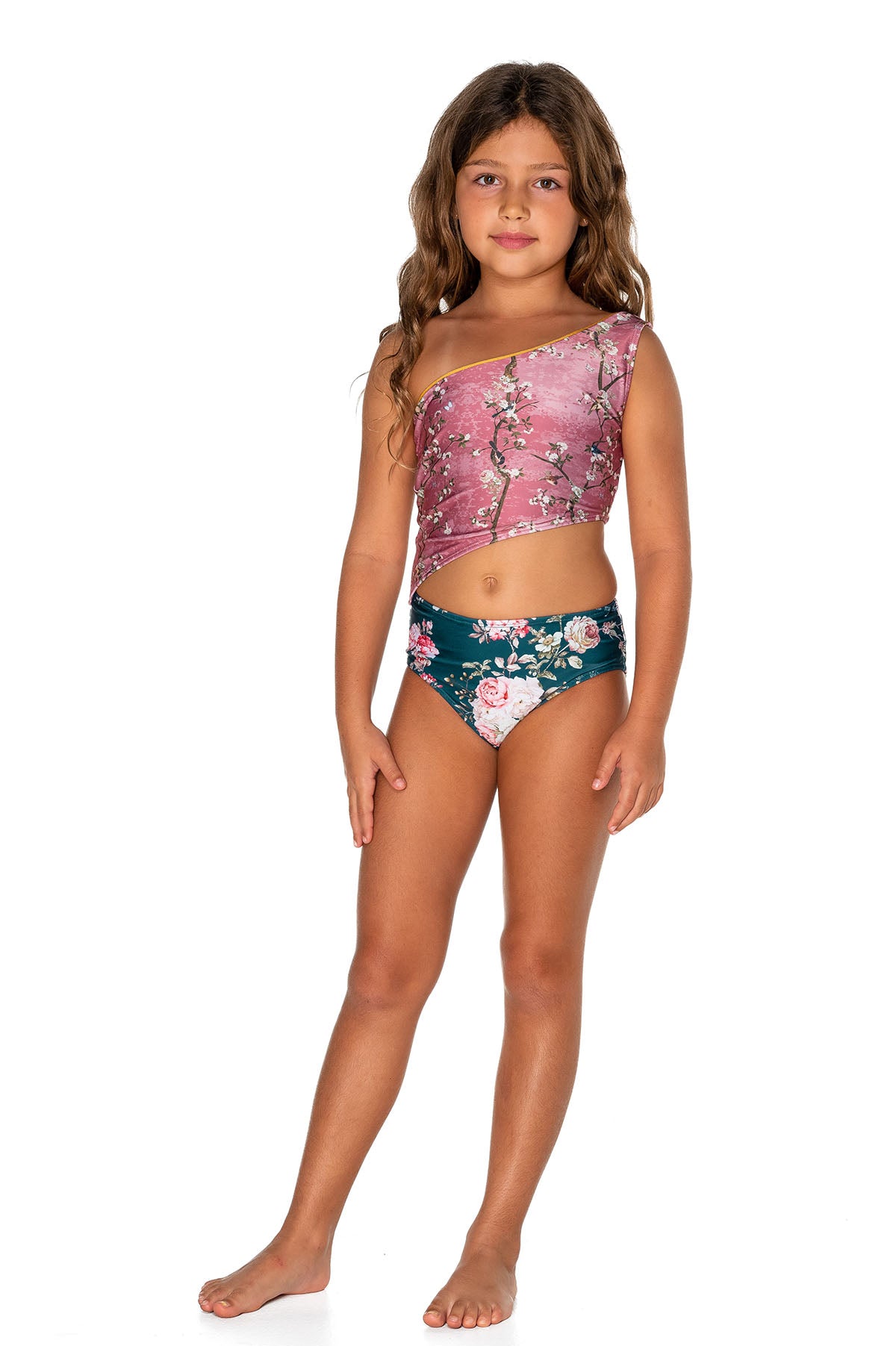 Girls One Piece Swimsuit - Pink Floral - Passionate - Front