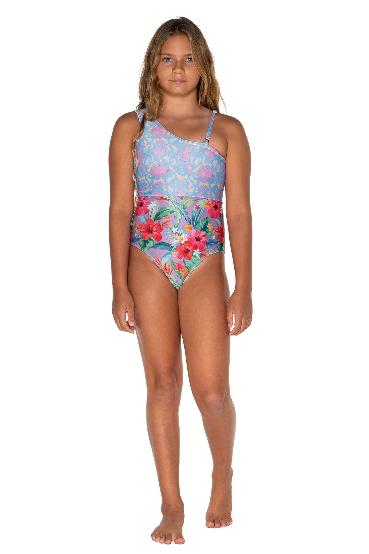 Girls One Piece Swimsuit - Purple Hawaiian Floral - Ayana - Front