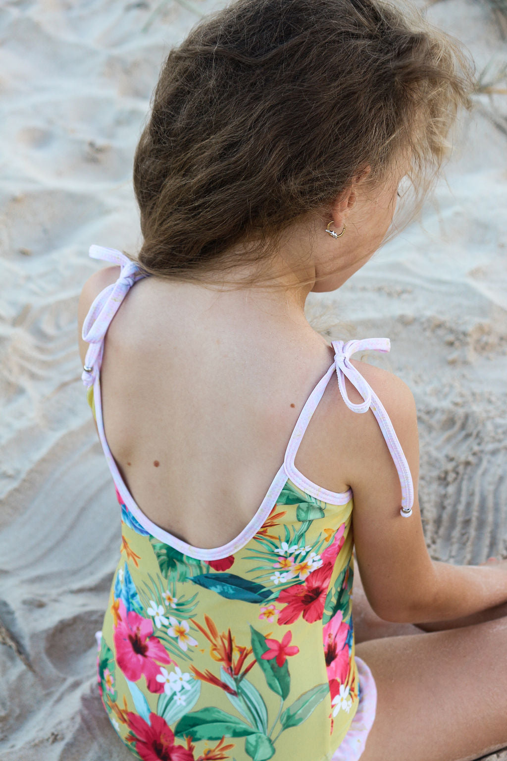 Girls Frilly One Piece Swimsuit - Yellow Hawaiian Floral - Lei - Lifestyle 2