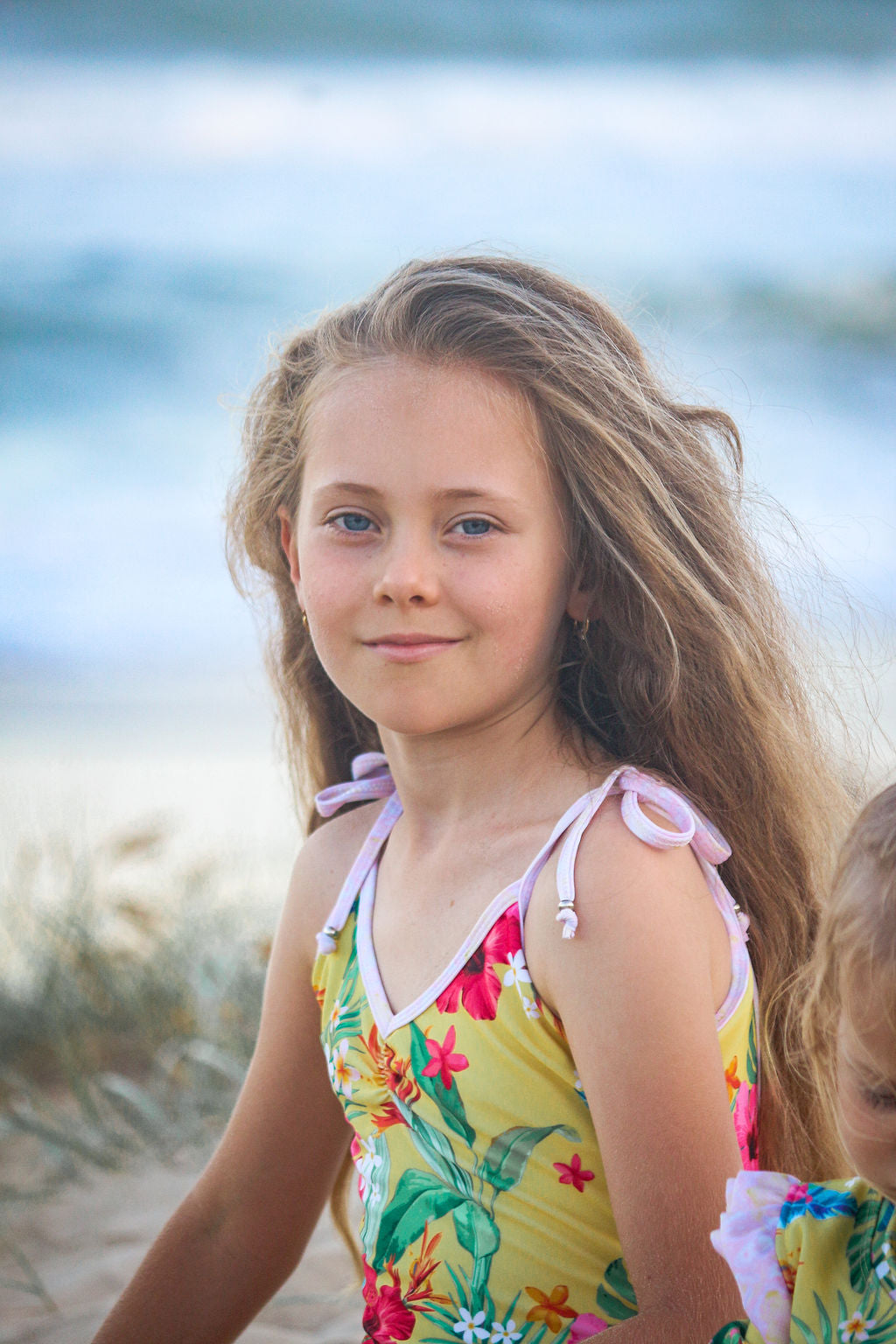 Girls Frilly One Piece Swimsuit - Yellow Hawaiian Floral - Lei - Lifestyle 4