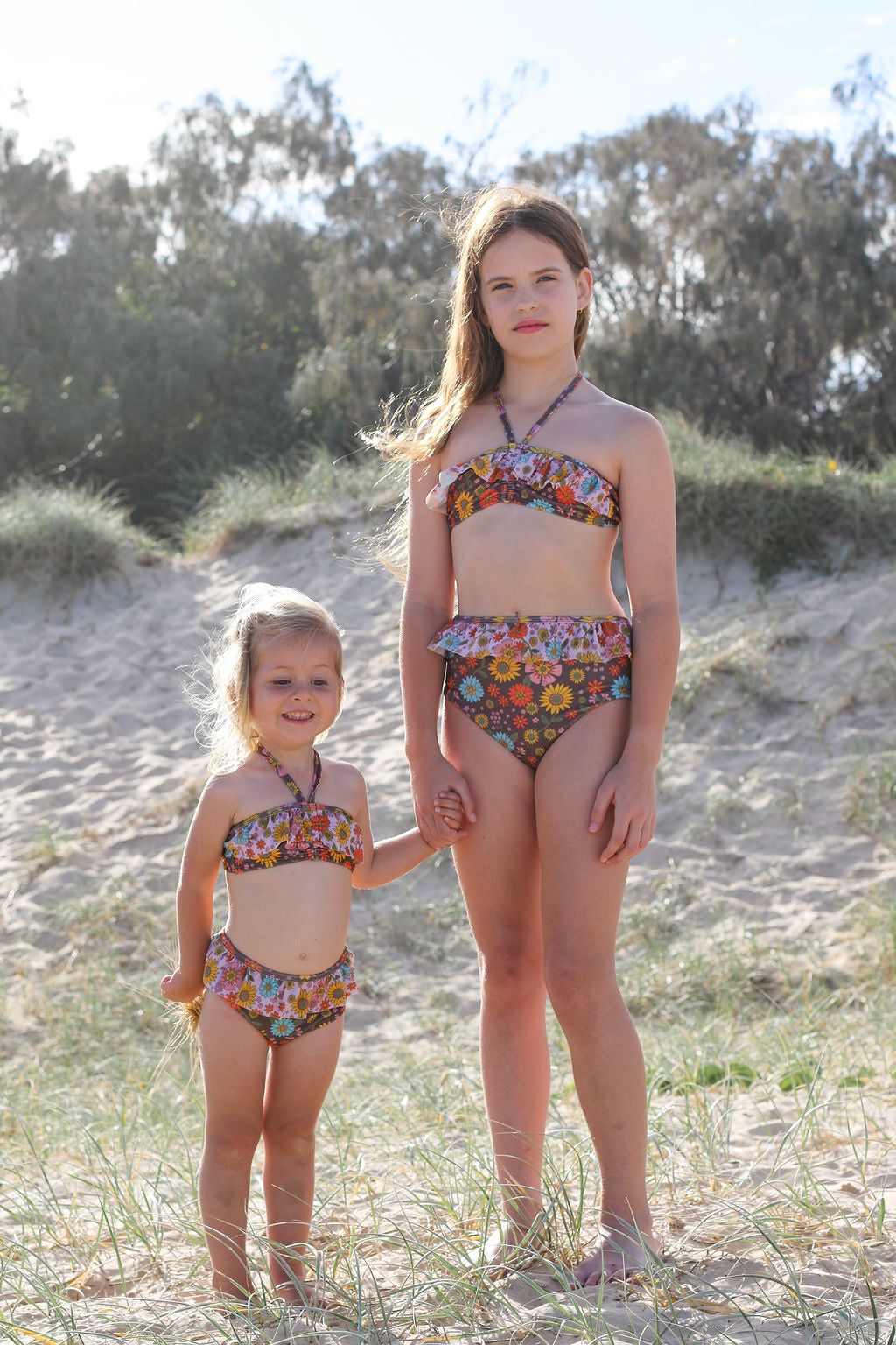 Girls High Waisted Bikini Brown Floral Poppy – Olga Valentine