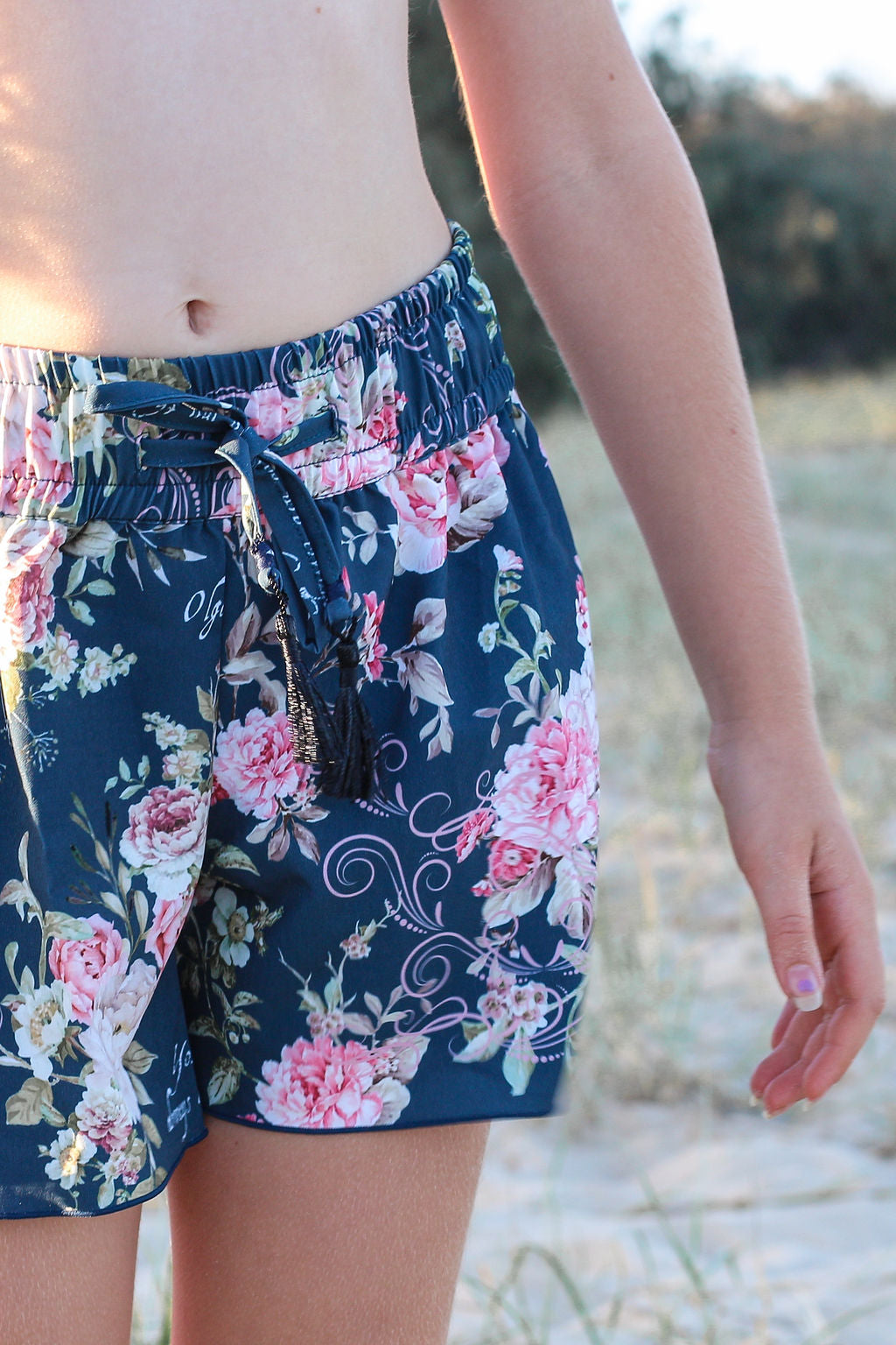 Girls Board Shorts - Navy Blue Floral - Passionate - Front 1