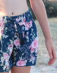 Girls Board Shorts - Navy Blue Floral - Passionate - Front 1