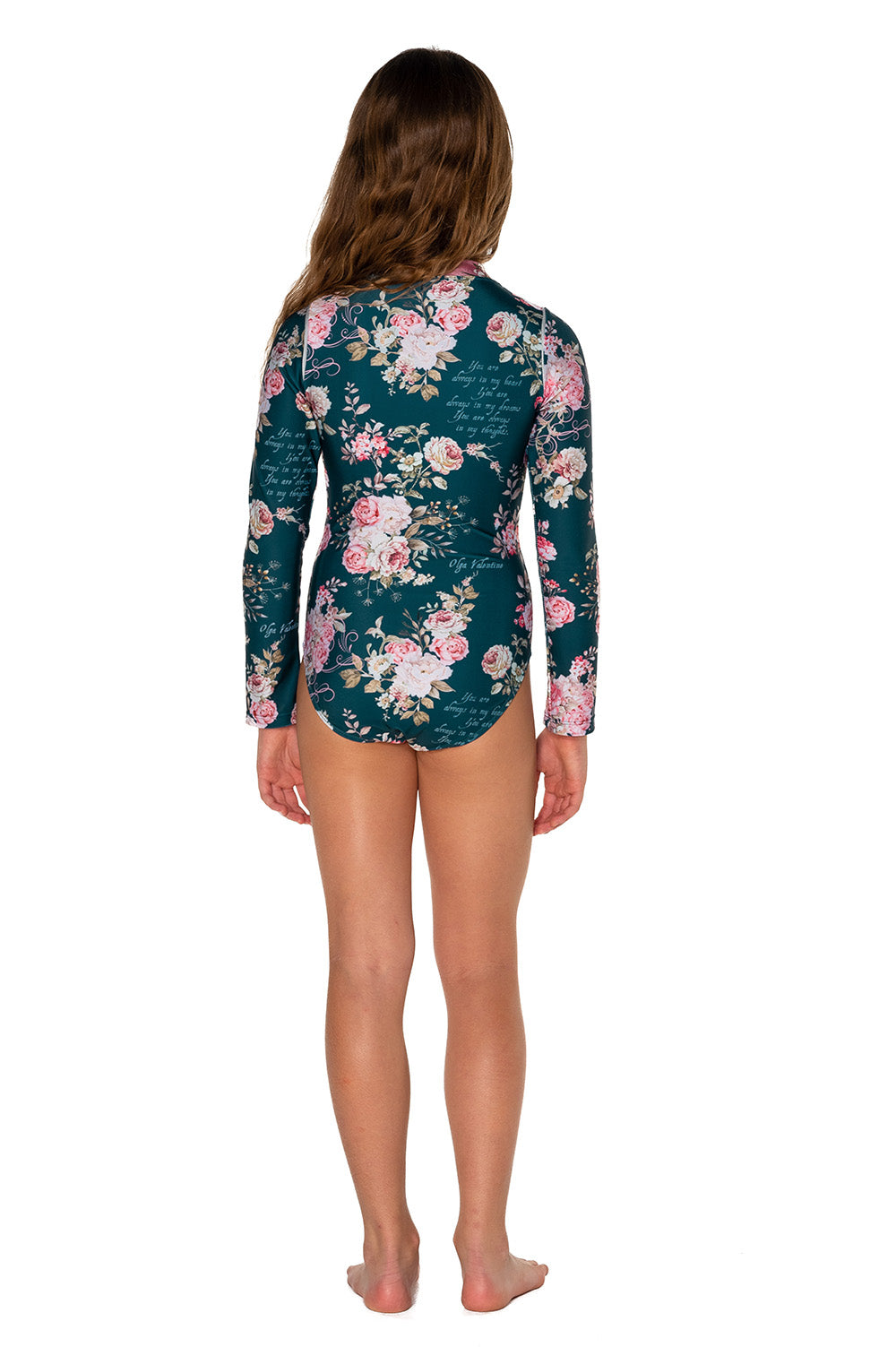 Girls Long Sleeve Swimsuit - Navy Blue Floral - Passionate - Back