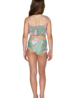 Girls Ruched Bikini - Green Floral - High Waisted - Sweetheart - Back