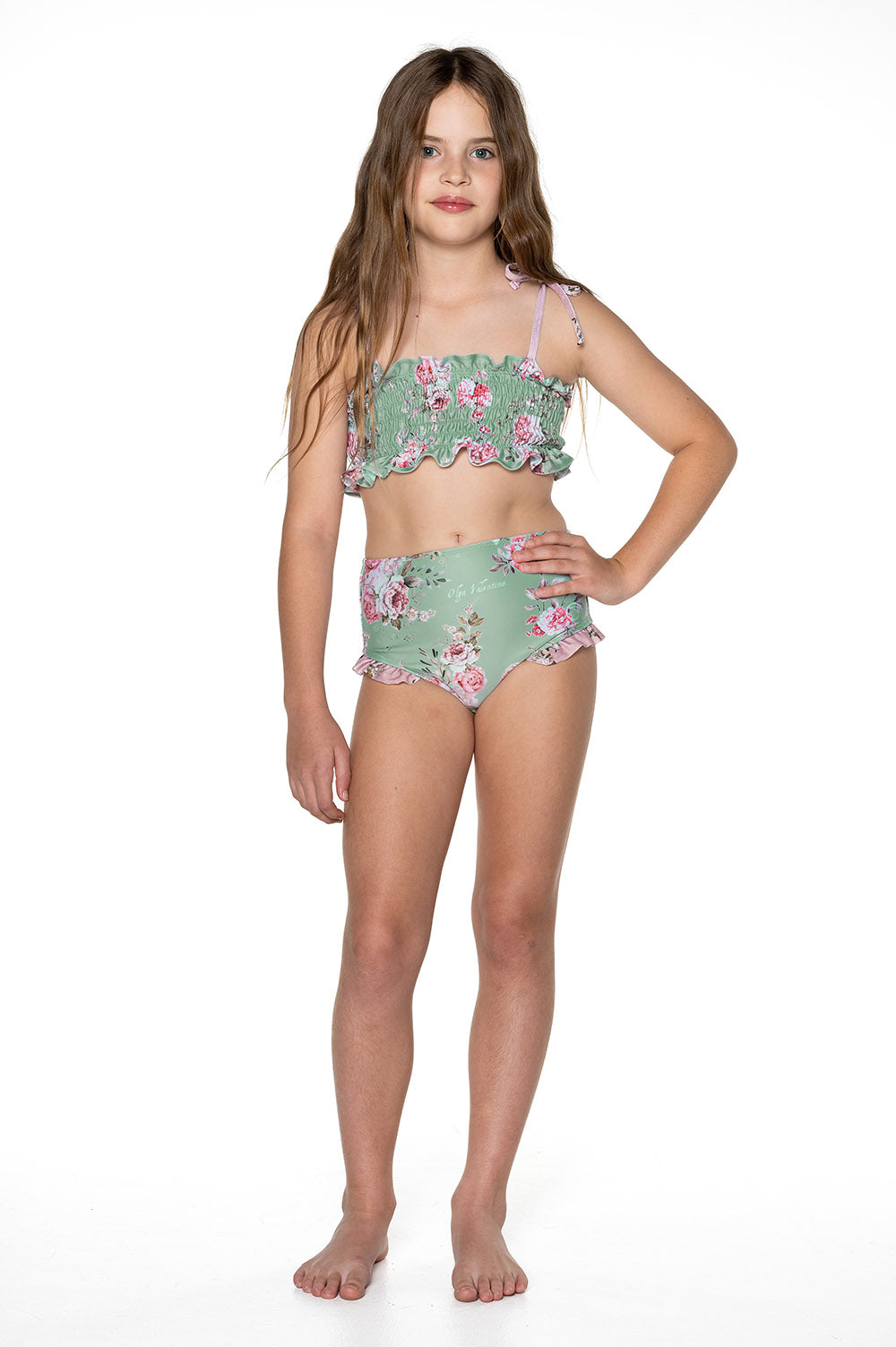 Girls Ruched Bikini - Green Floral - High Waisted - Sweetheart - Front