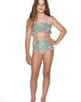Girls Ruched Bikini - Green Floral - High Waisted - Sweetheart - Front